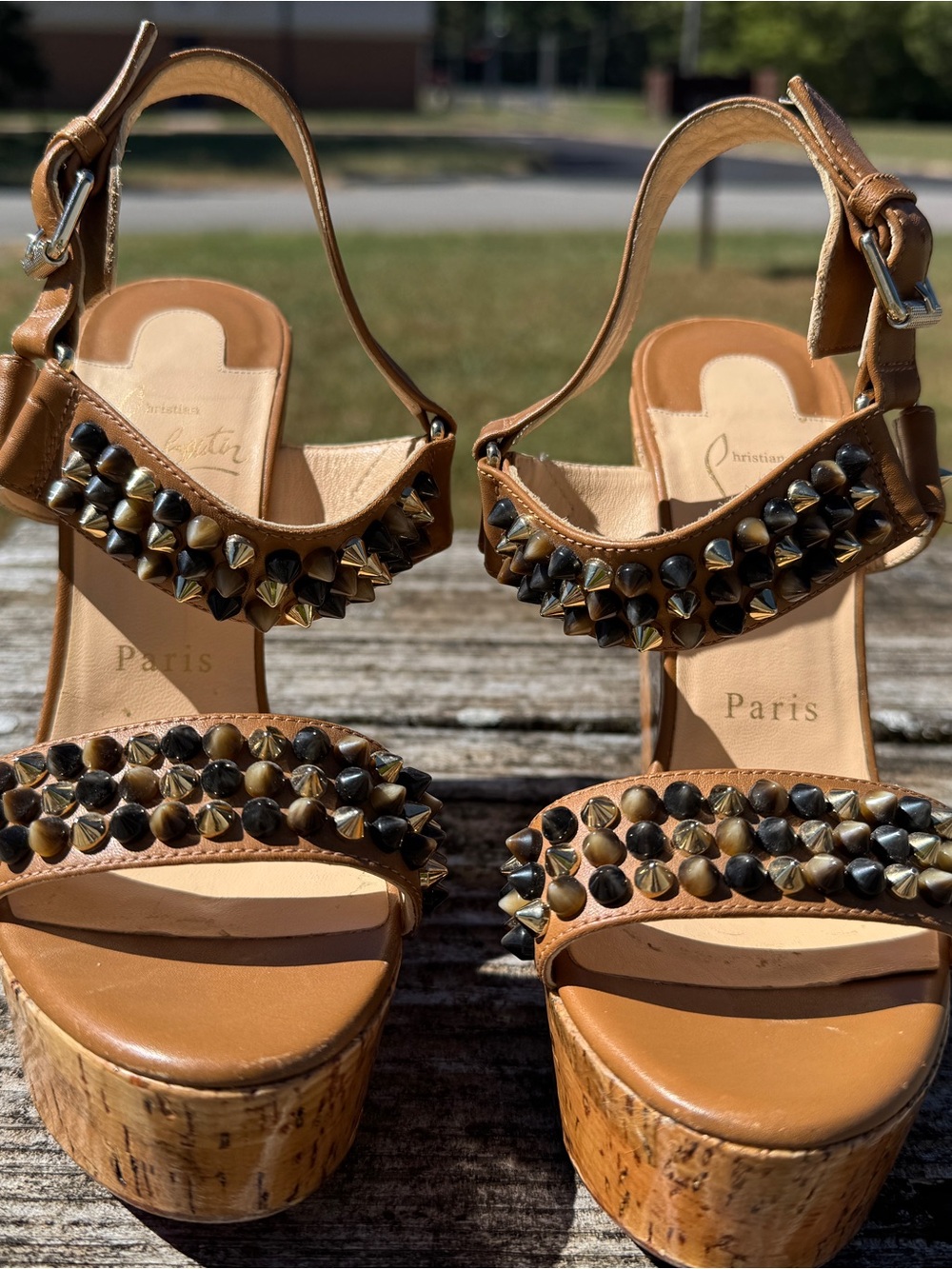 Christian Louboutin Tan Studded Cork Platform Sandals - Neutral Stud Detail
